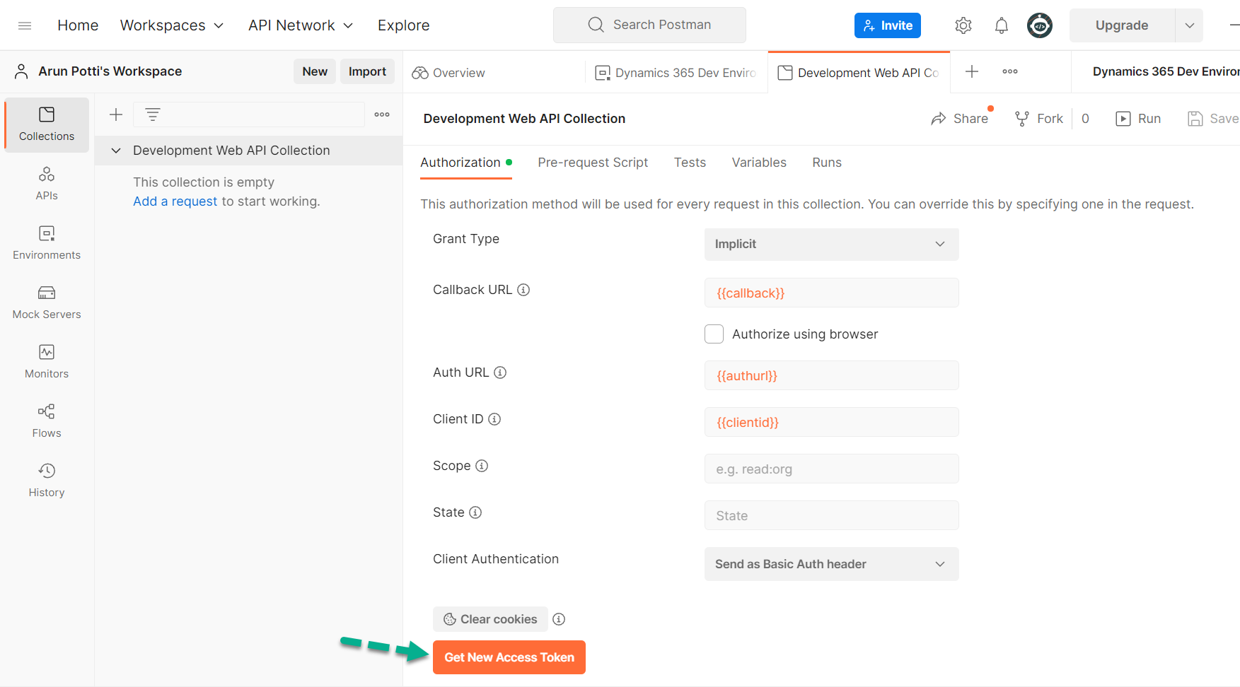 setup and connect to the Dataverse environment in Postman